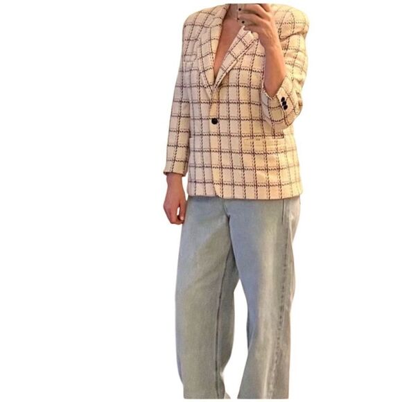 Vtg 90s Plaid Windowpane Blazer Academia Classic Ivory Navy blue Red 12 L - Picture 1 of 15